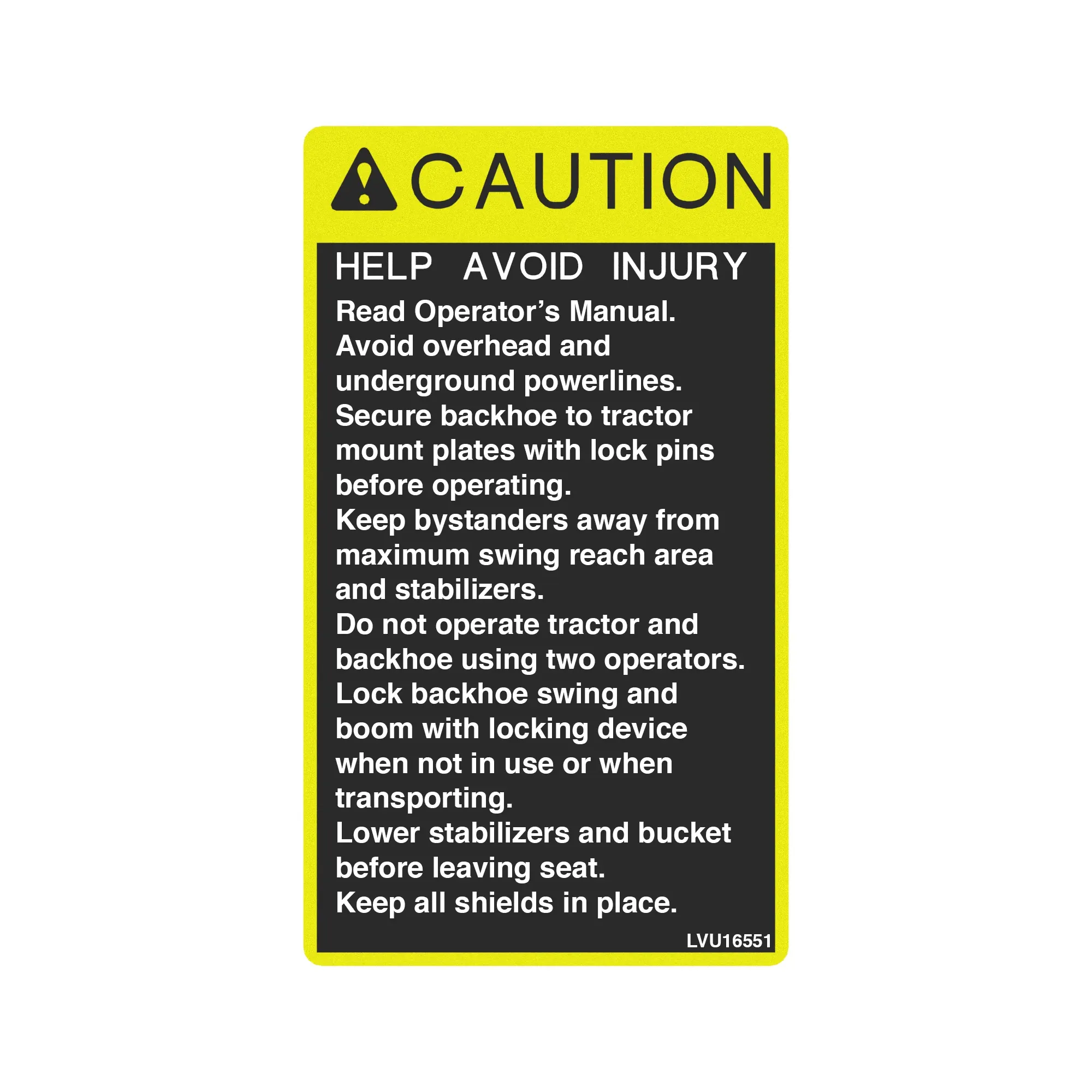 John Deere Safety Sign, Backhoe Caution - LVU16551