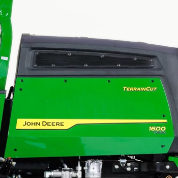 Side left studio view of a 1600 Turbo TerrainCut Wide-Area Mower's green engine cover with black, top air-intake system
