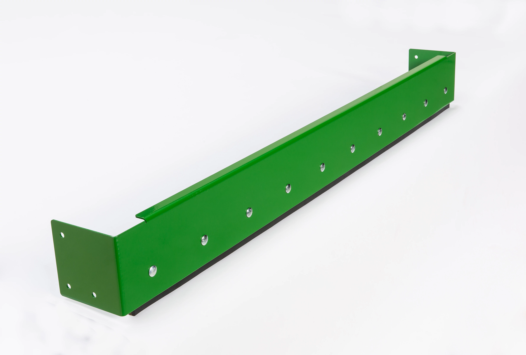 Long steel wear edge or cutting edge component with evenly spaced bolt holes and a black lower strip.