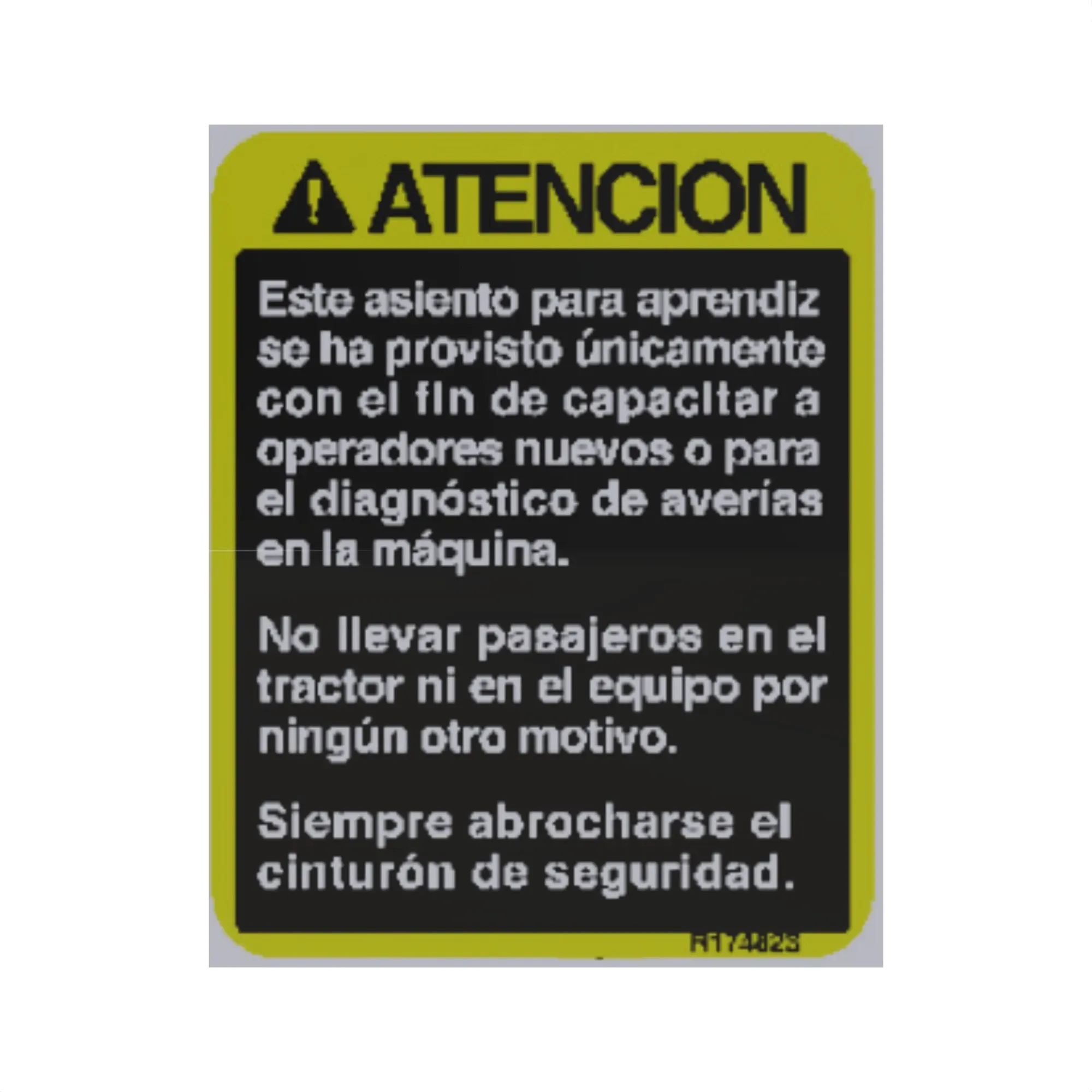 John Deere Instructional Seat Label, Spanish - R174823
