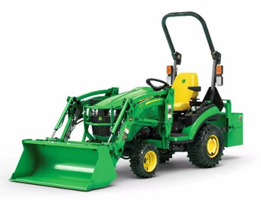 Front left studio view of a 120R loader on a 1R open operator station tractor
