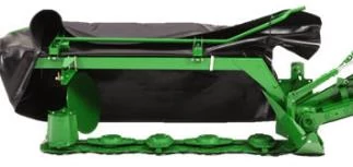 Front studio view of a green R-series disc mower rotary disc cutterbar with black cover folded back