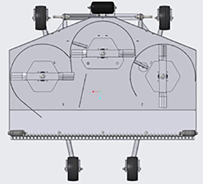 Bottom schematic view of a mower deck illustrating three blade housings, belt paths, and support wheels