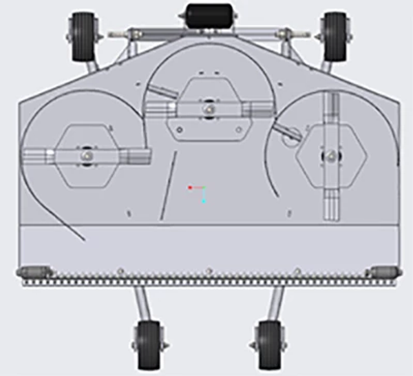 Bottom schematic view of a mower deck illustrating three blade housings, belt paths, and support wheels