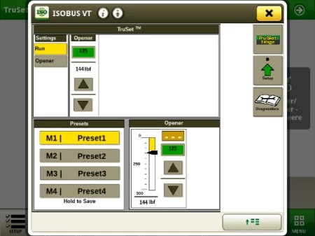 ISOBUS VT screen showing TruSet opener downforce controls, with a 144‑lbf reading, up/down arrows, and preset options listed on the left