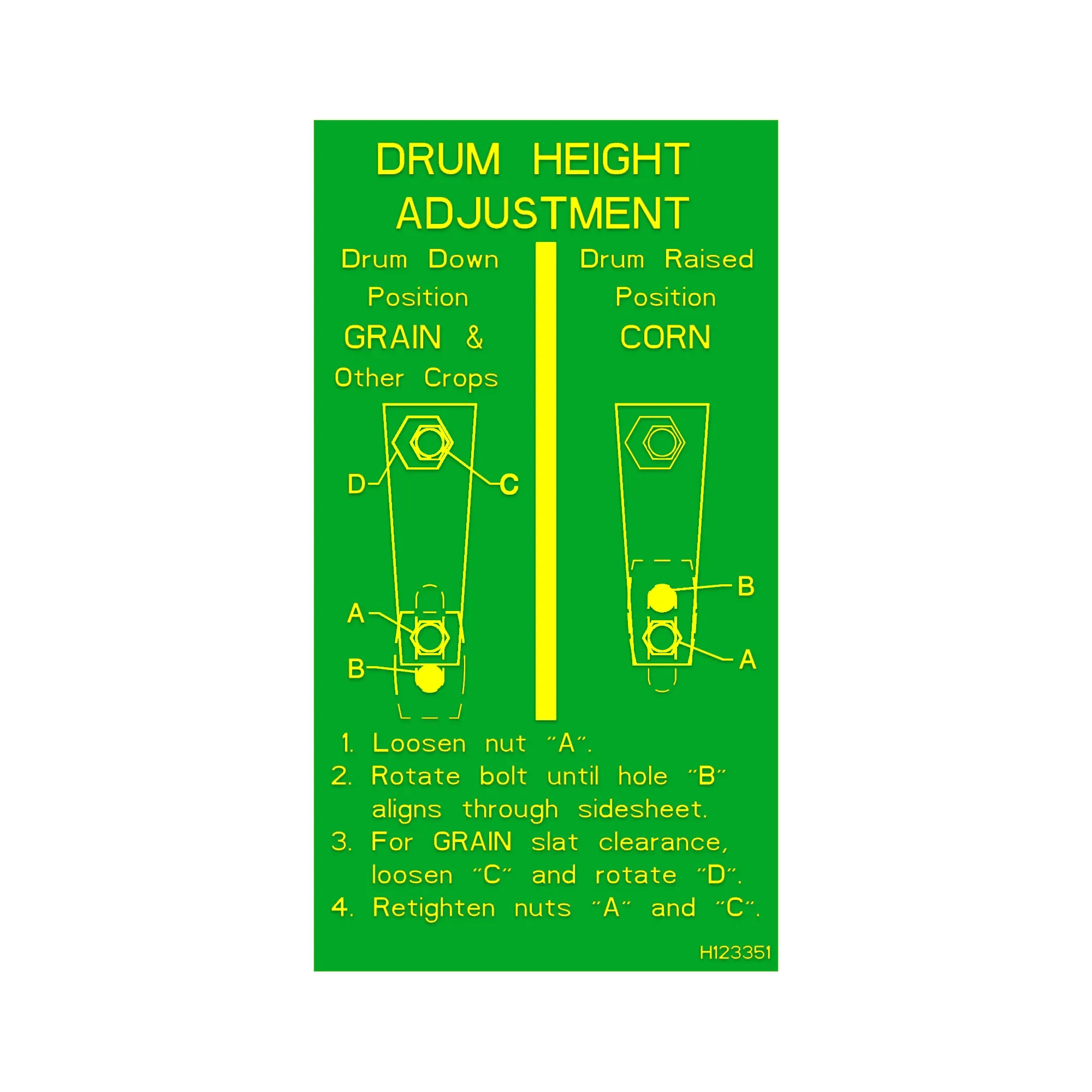 John Deere Feeder Drum Height Adjustment Decal - H123351