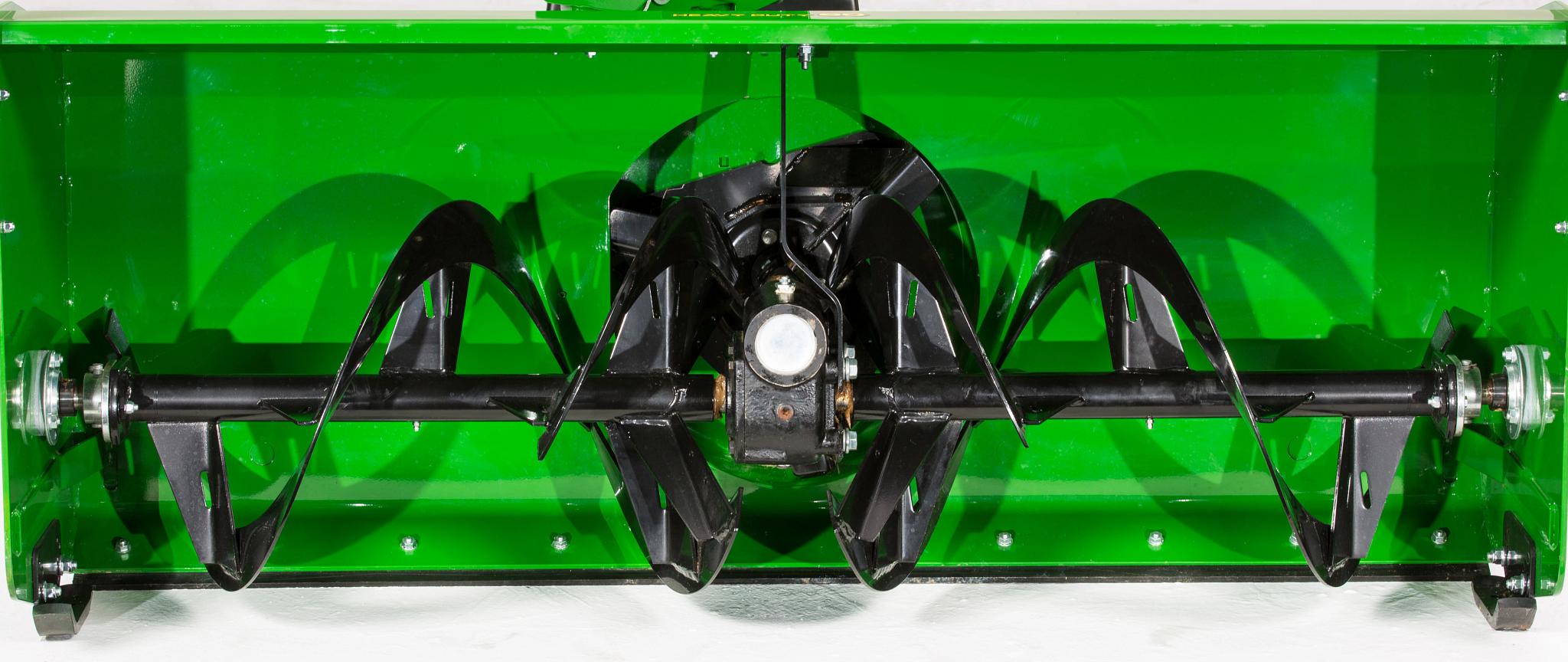 Front studio view of a green 60-in. Heavy-Duty Snow Blower and its two-stage design: auger and impeller