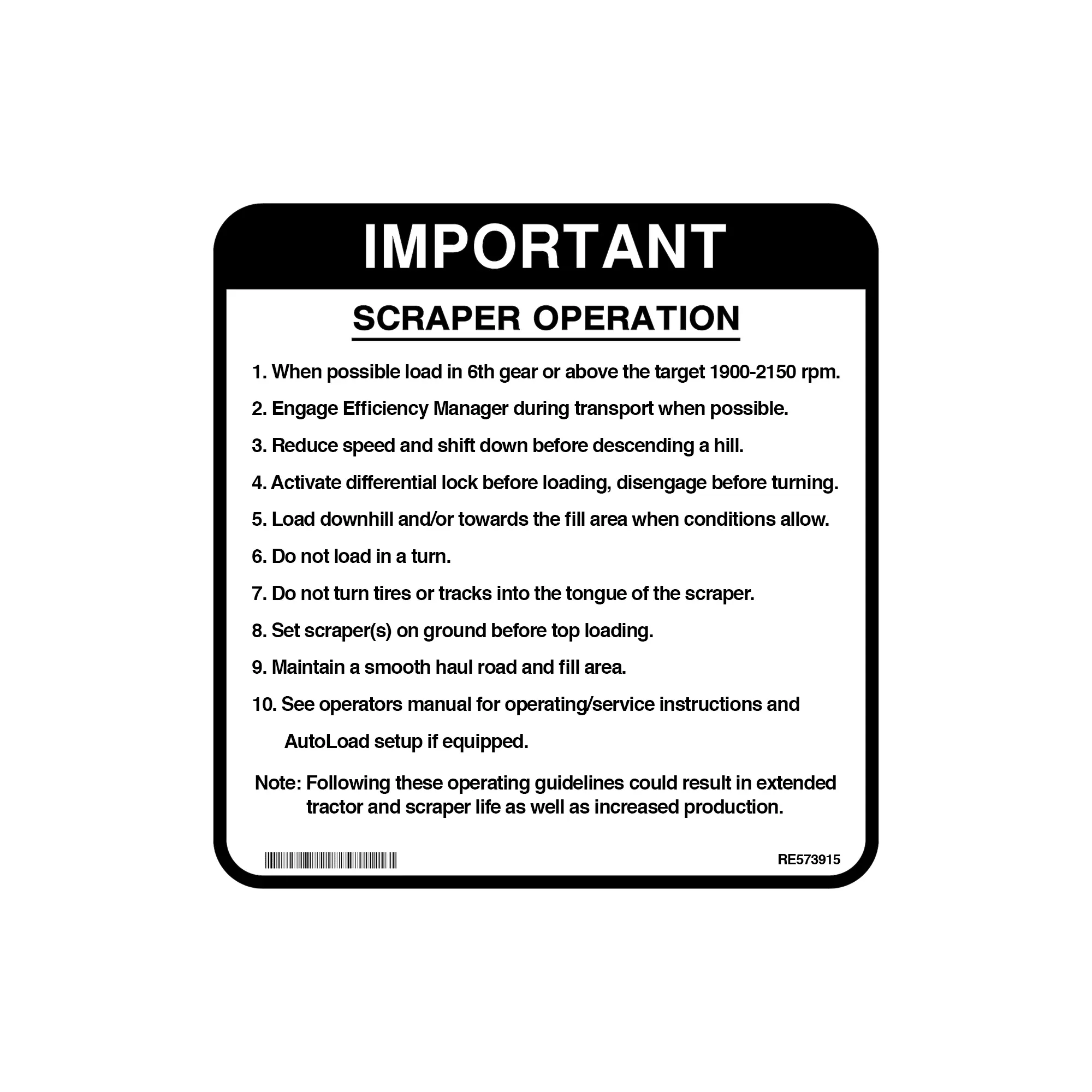 John Deere Scraper Operation Label, English - RE573915