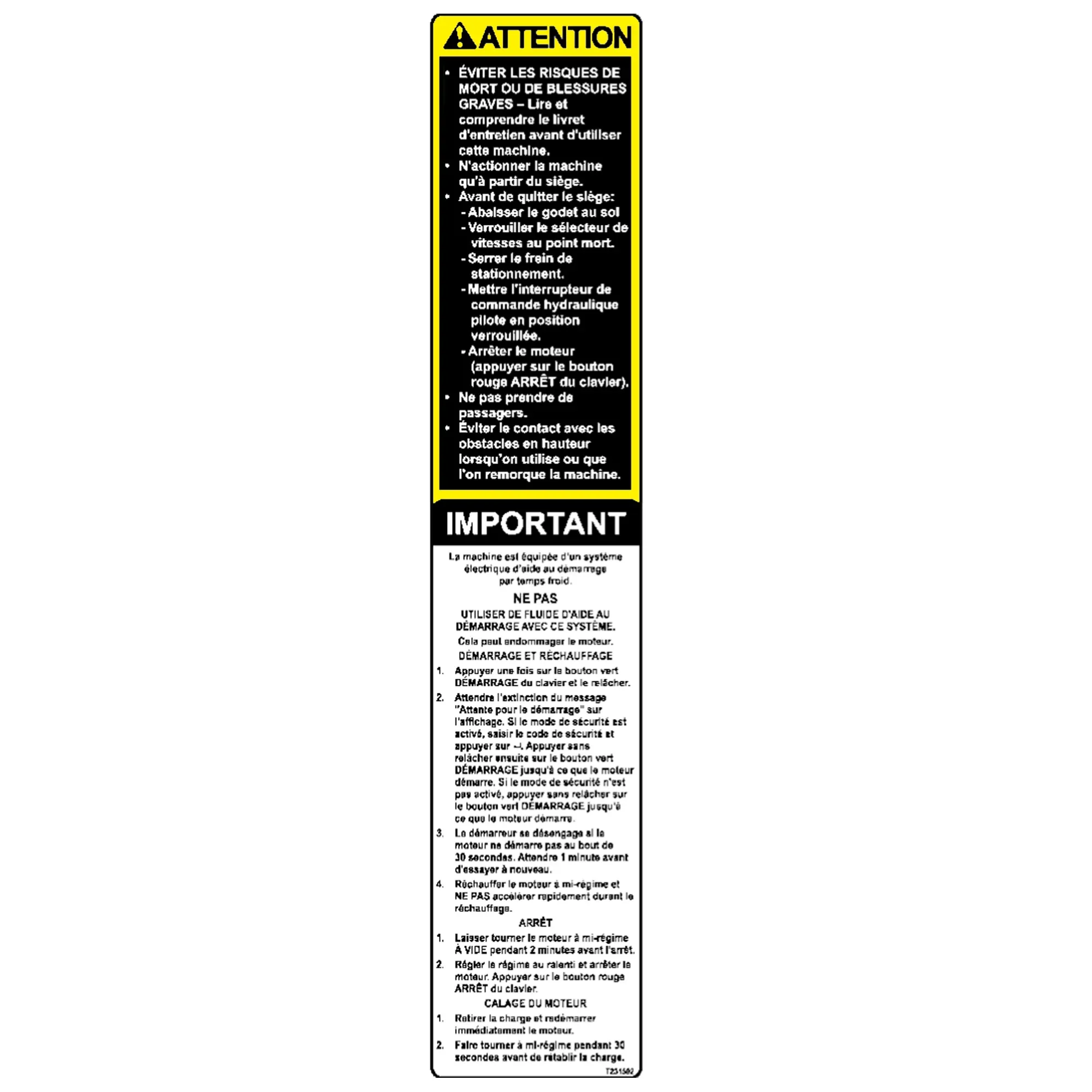 John Deere Safety Sign, Engine Start/Stop Caution, French - T231592