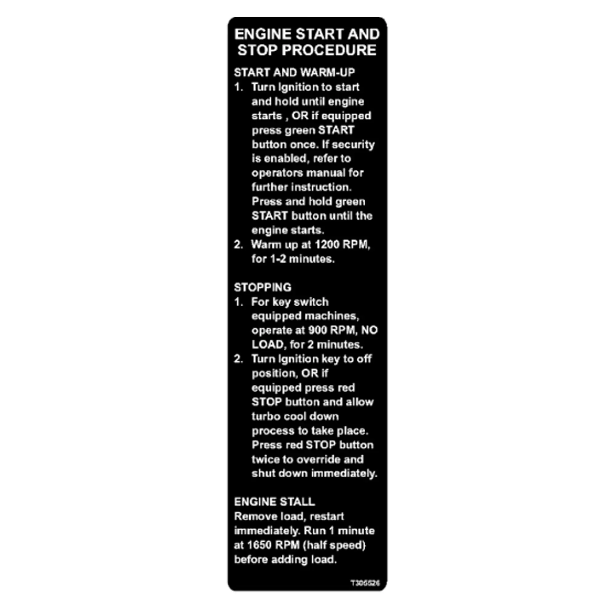 John Deere Safety Sign, Engine Start/Stop - T305526