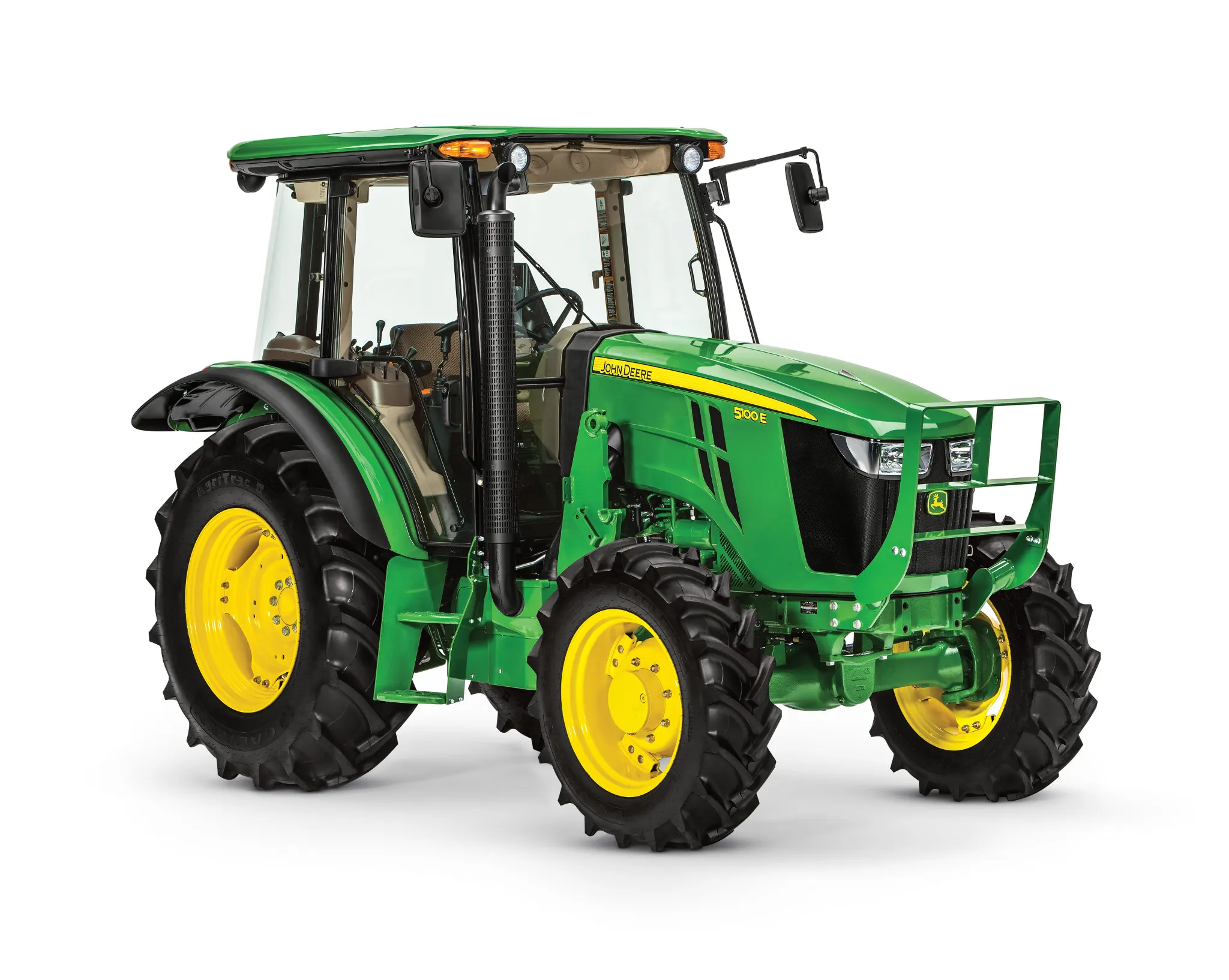 Studio image with front right view of 5100E utility tractor.