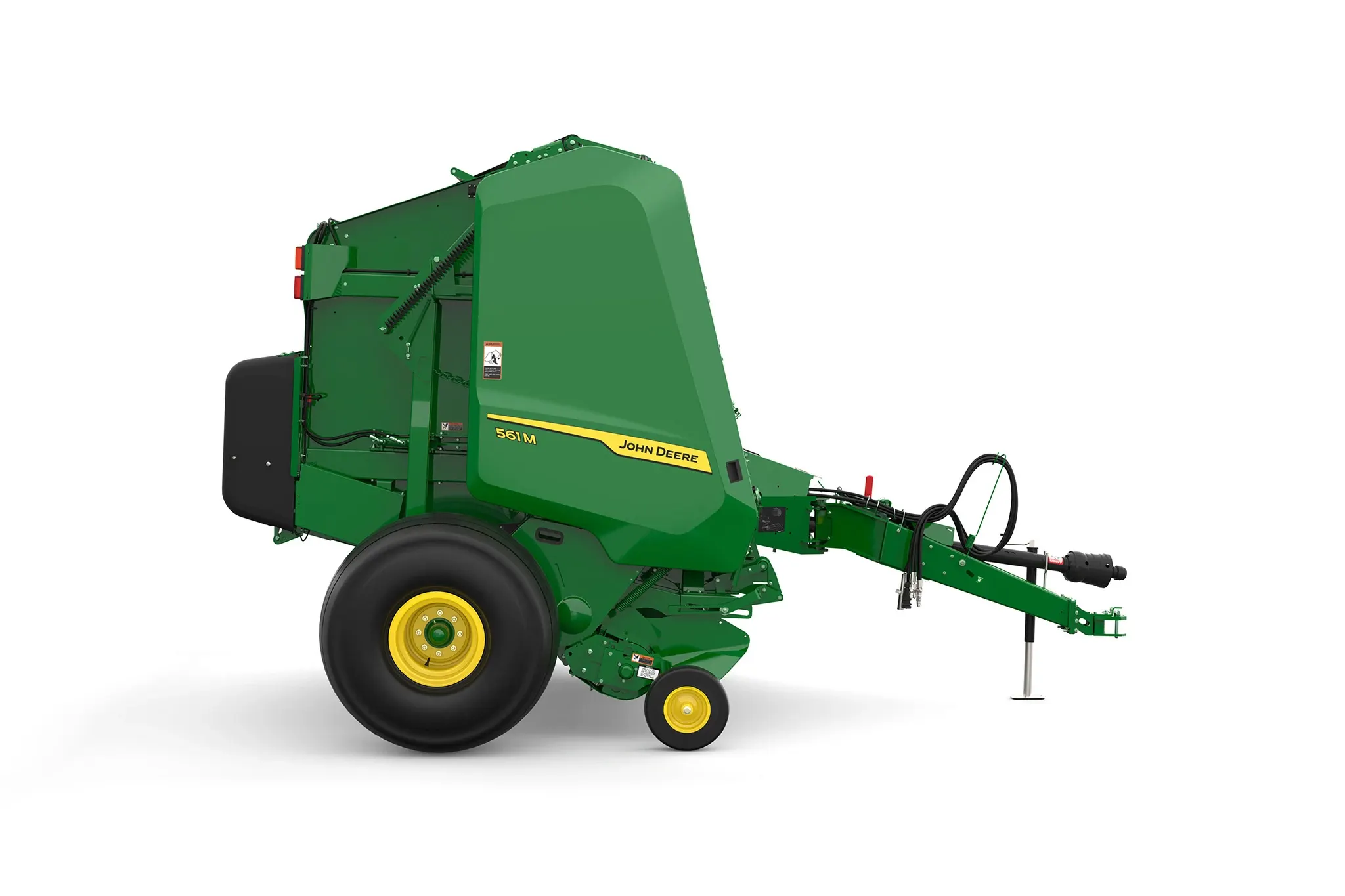 Studio rendering of 561M round baler shown in right-side profile on a white background, featuring a green body, yellow wheels, enclosed pickup assembly, rear bale chamber, hydraulic hoses, and front tow hitch