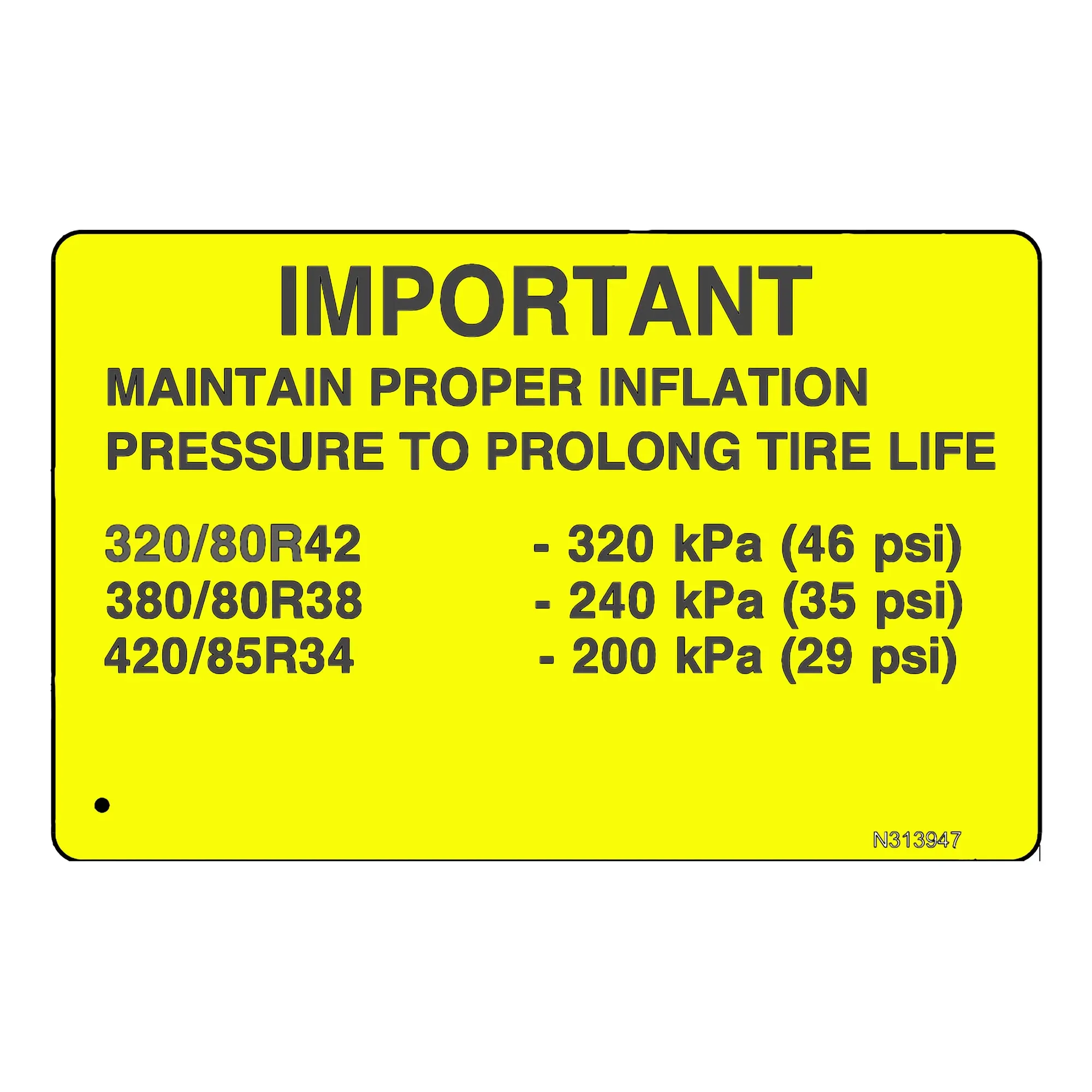 John Deere Label, Tire Pressure Teton - N313947