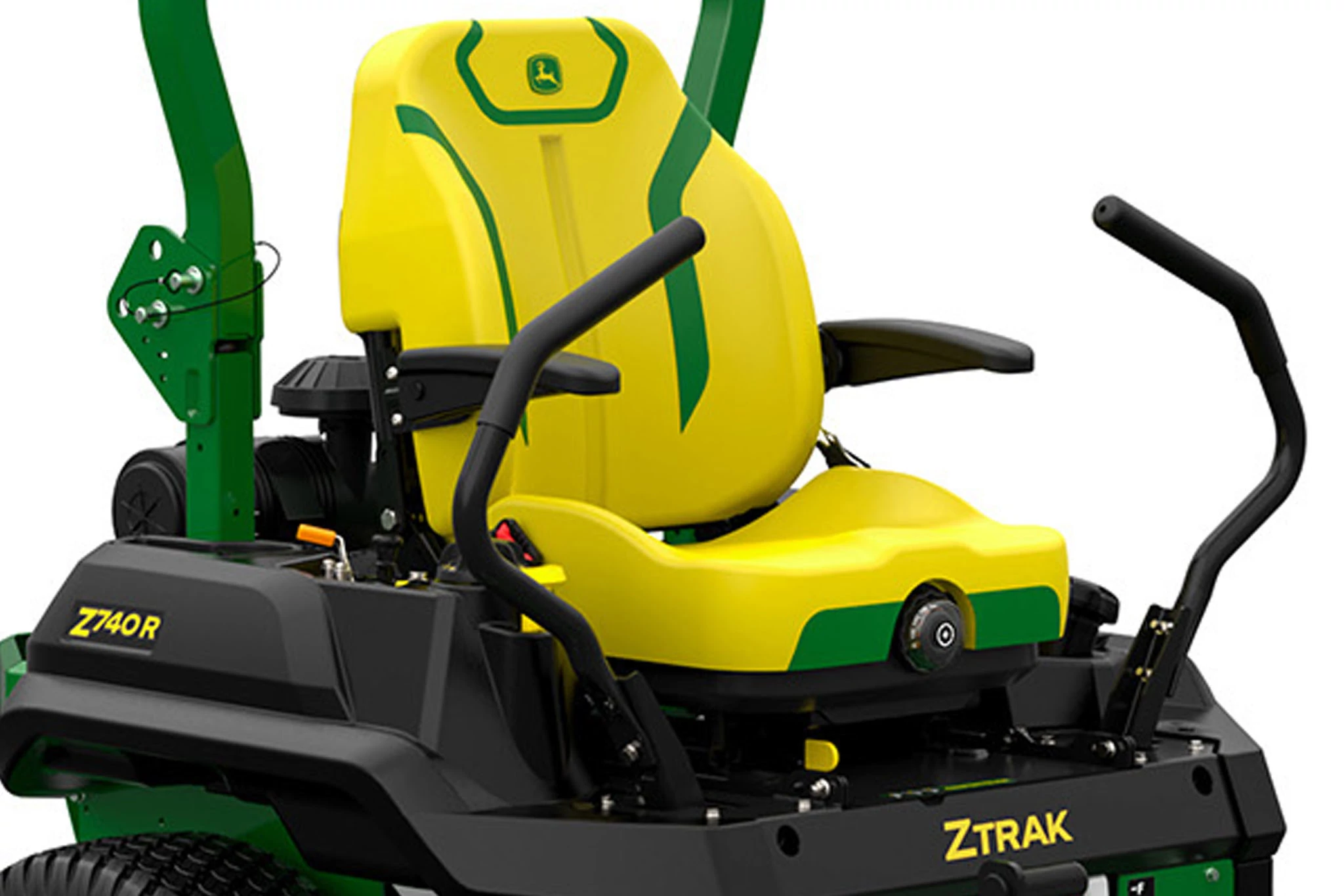 A zoomed-in studio shot of a yellow seat with green detailing and black steering sticks on a green zero-turn mower.