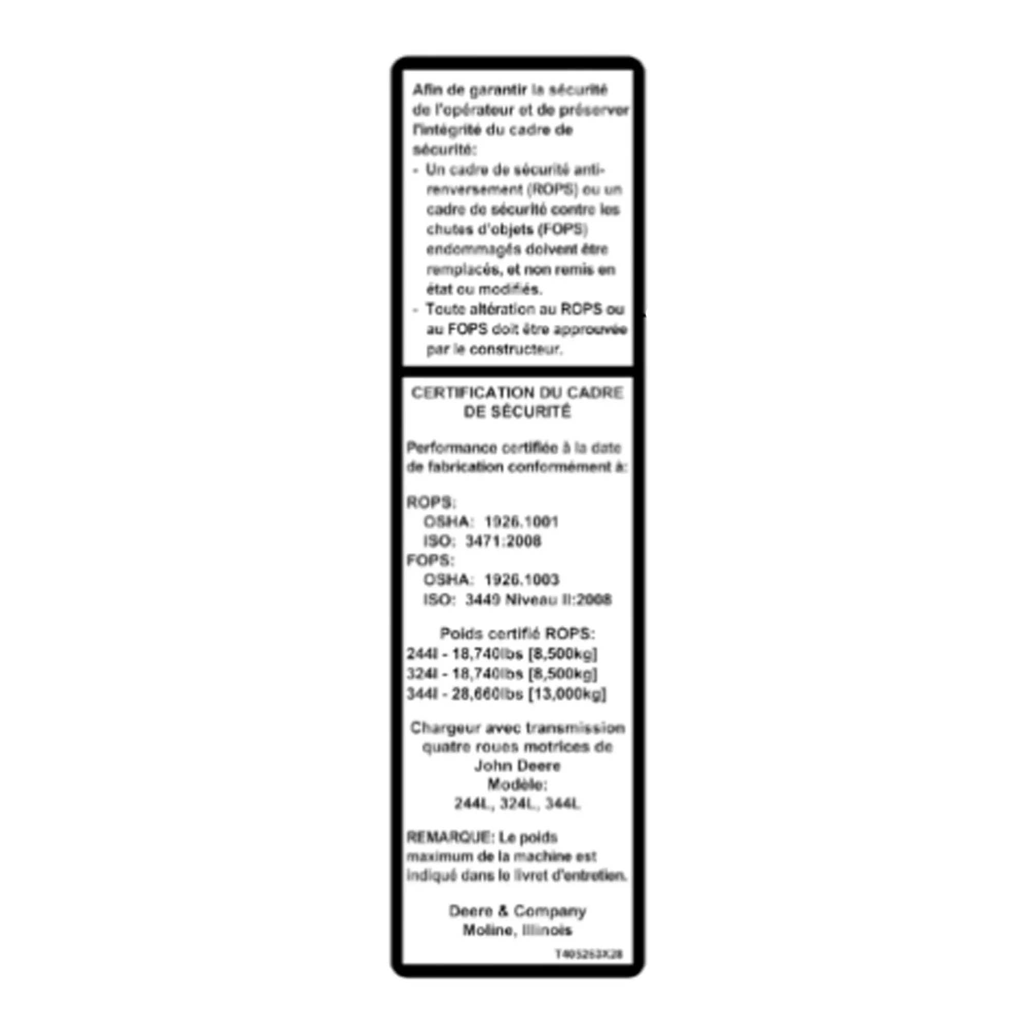 John Deere Air Cleaner Label, French - T146607