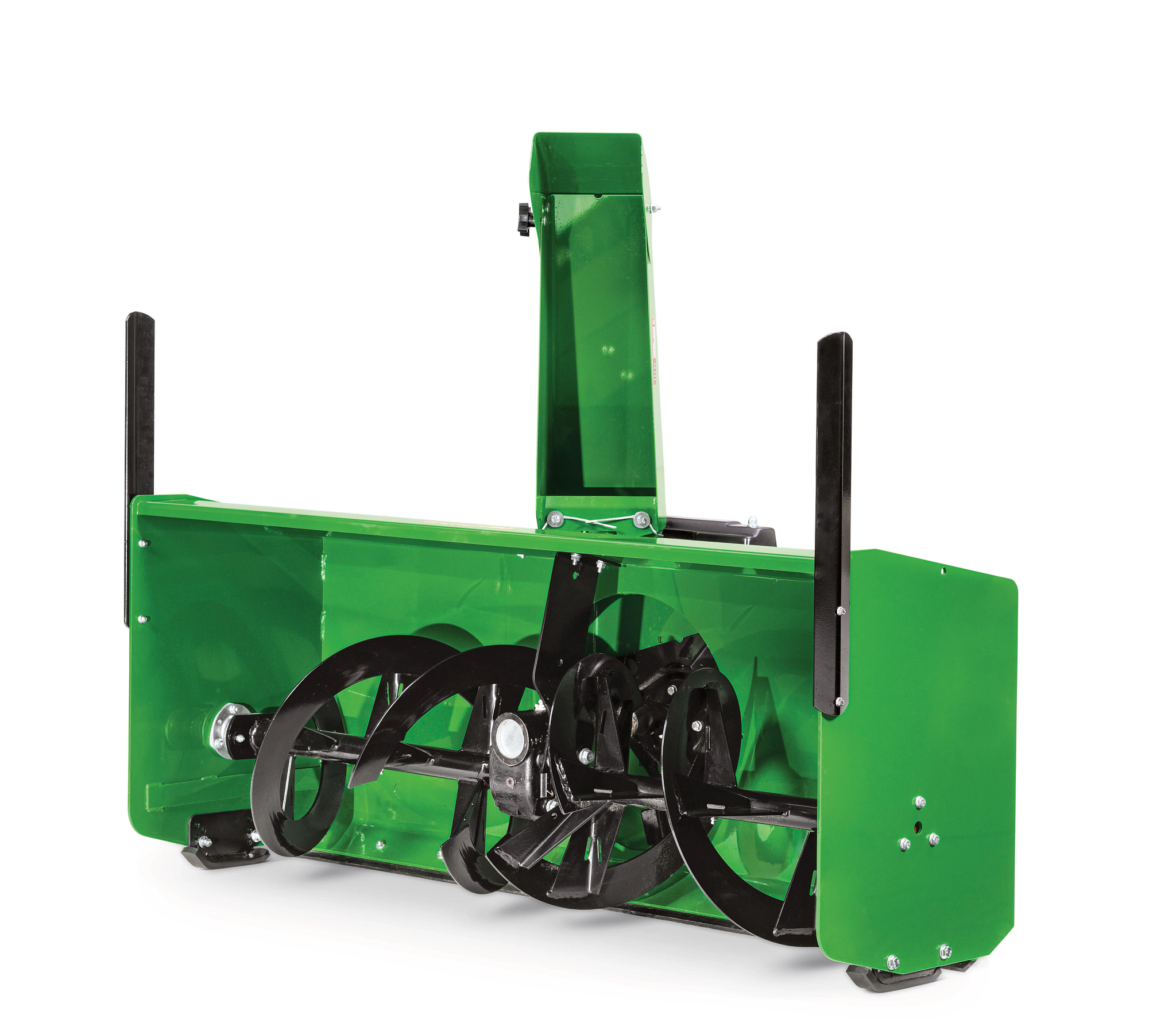 A green snow blower attachment with a wide front intake housing, dual rotating metal augers, a tall discharge chute, and a smooth exterior housing
