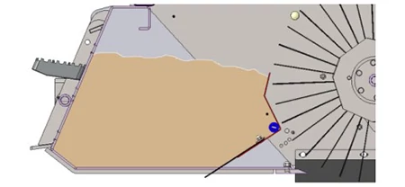 Side‑view schematic showing material moving through a machine housing toward a rotating brush