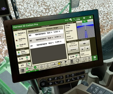 In-cab, front-on view of Harvest Identification, Cotton Pro running in a G5Plus CommandCenter™