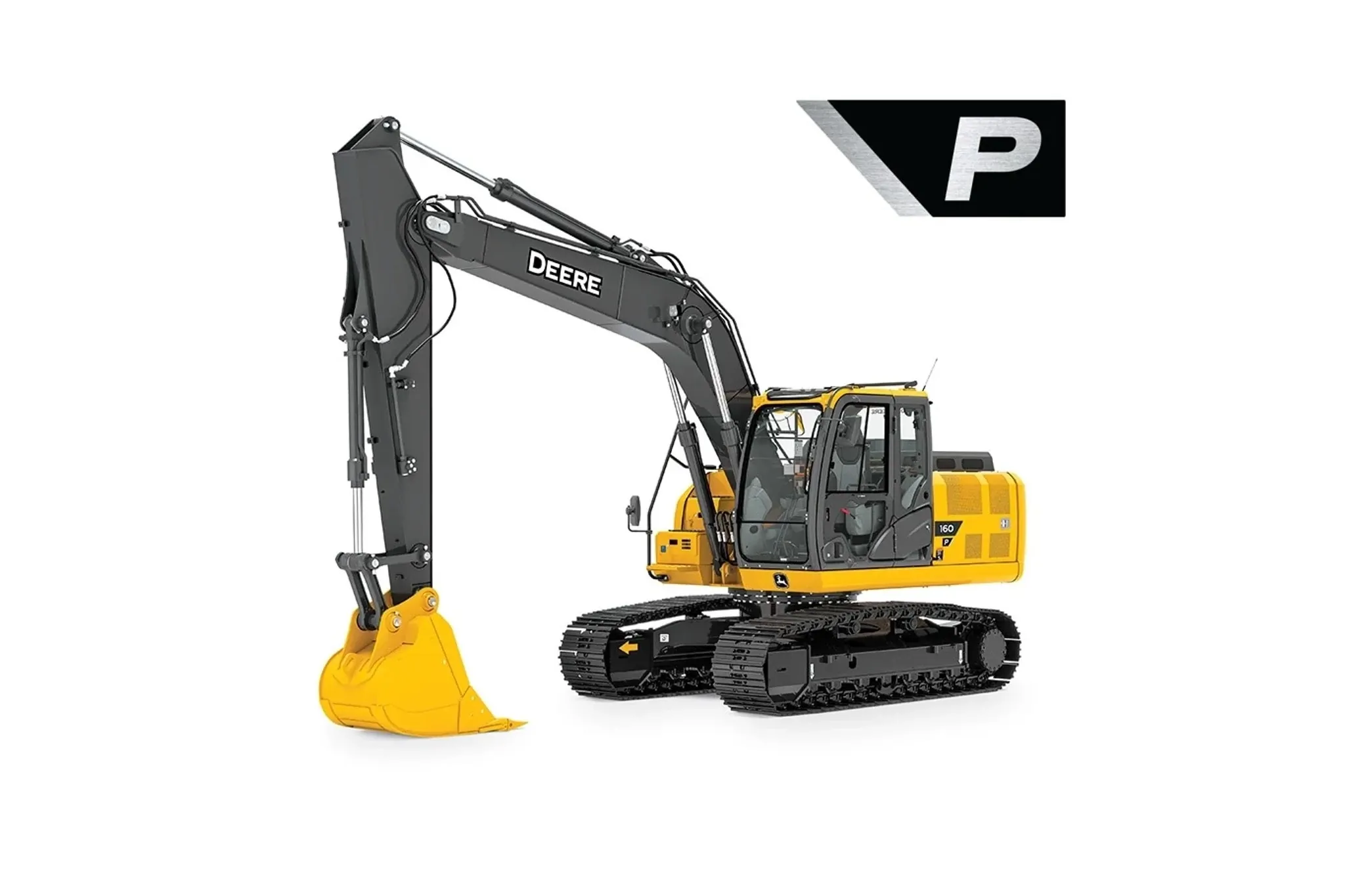 160 P-Tier Mid-SizStudio image of a 160 P-Tier mid-size excavator on a white background.e Excavator with a close up of a yellow excavator on a white background