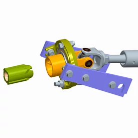 Computer-generated graphic of colored AutoConnect™ system components found on an AutoConnect™ mid-mount mower