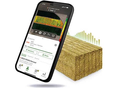 Graphic of a cell phone showing Bale Documentation app imposed over a square hay bale