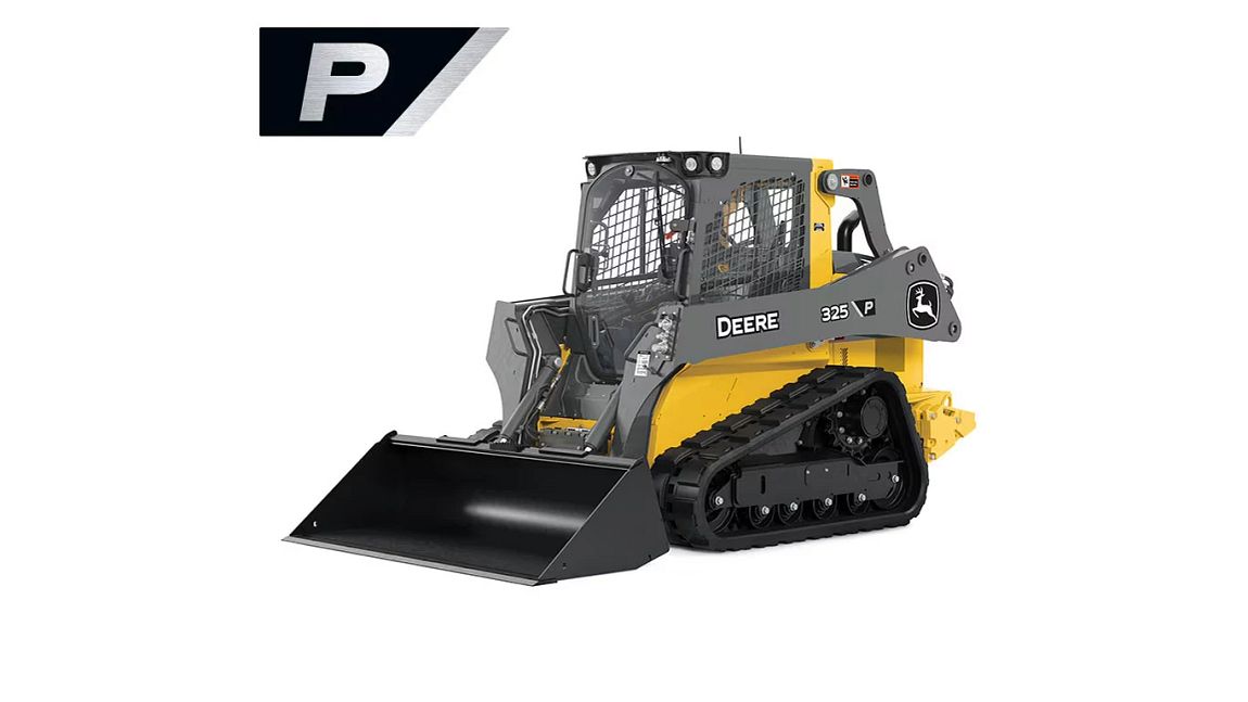 Yellow and black John Deere tracked loader with a front bucket attachment, shown against a plain white background with a stylized black and silver "P" in the upper left corner