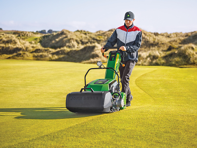 Field, Walk Greens Mower, The large direct-mounted grass catcher has an aerodynamic design for optimum air flow. This means what goes in, stays in.