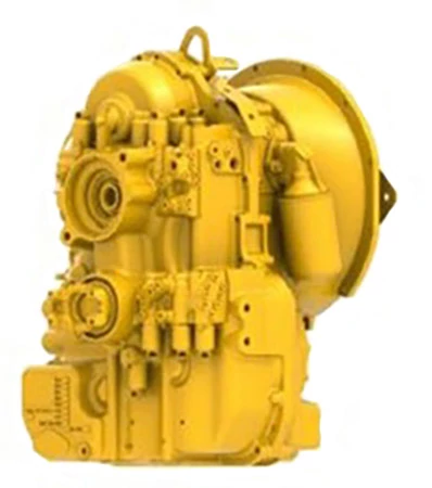 Yellow industrial transmission assembly with visible housings, ports, and mounting points, shown against a white background