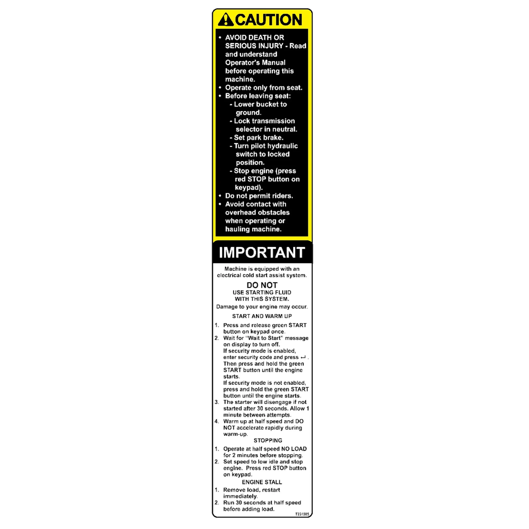 John Deere Safety Sign, Electric Cold Start - T231585