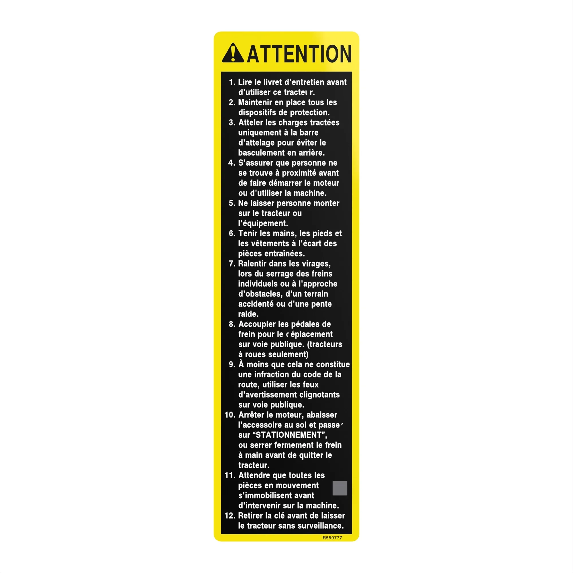 John Deere Safety Label, French - R550777