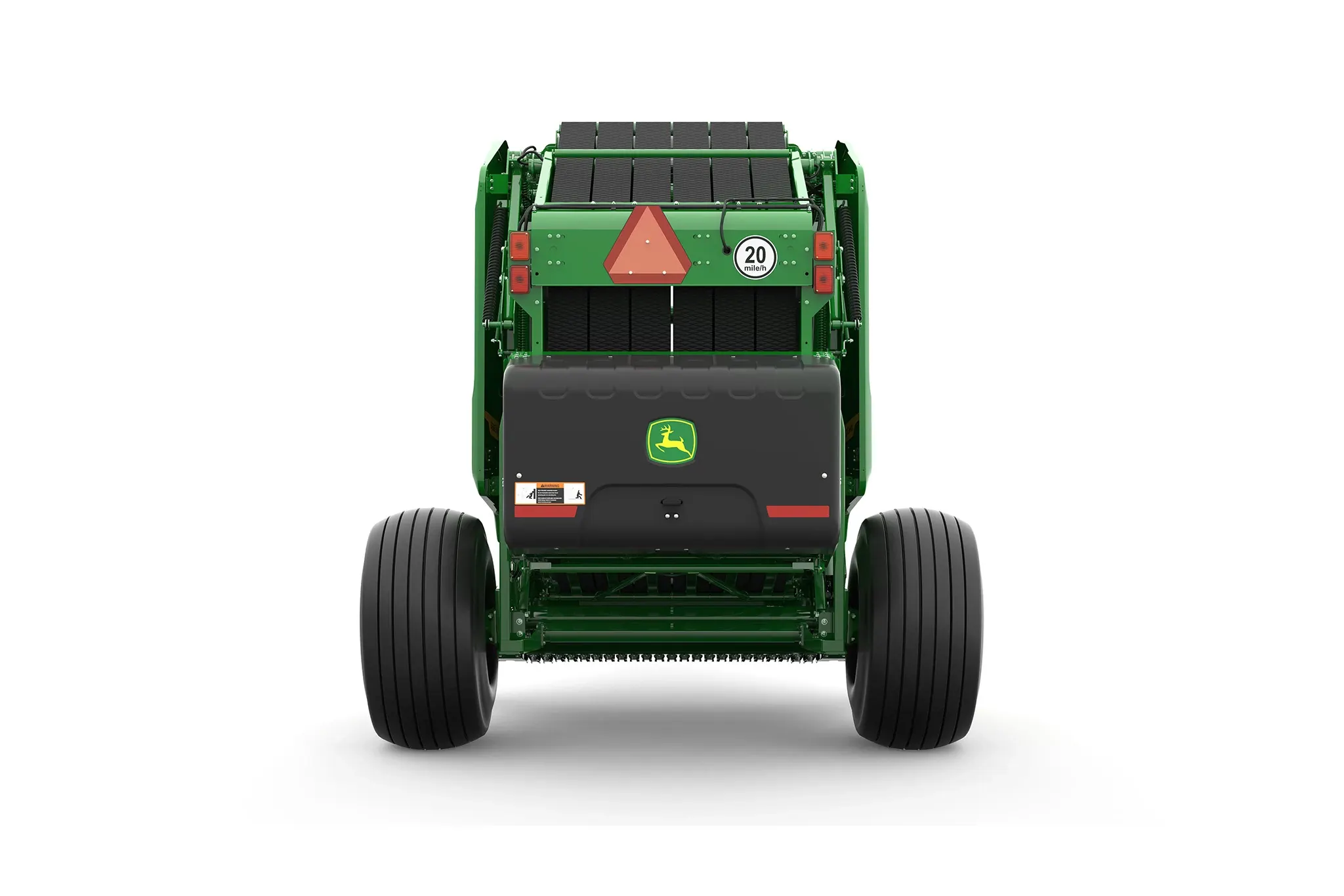 Studio rendering of 461M round baler shown from the rear on a white background, featuring a green body, large black tires, rear compartment with John Deere logo, safety reflector, and warning markings