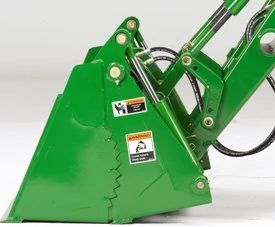 Studio left-side view of a green AY11 series 4-in-1 bucket and hitch