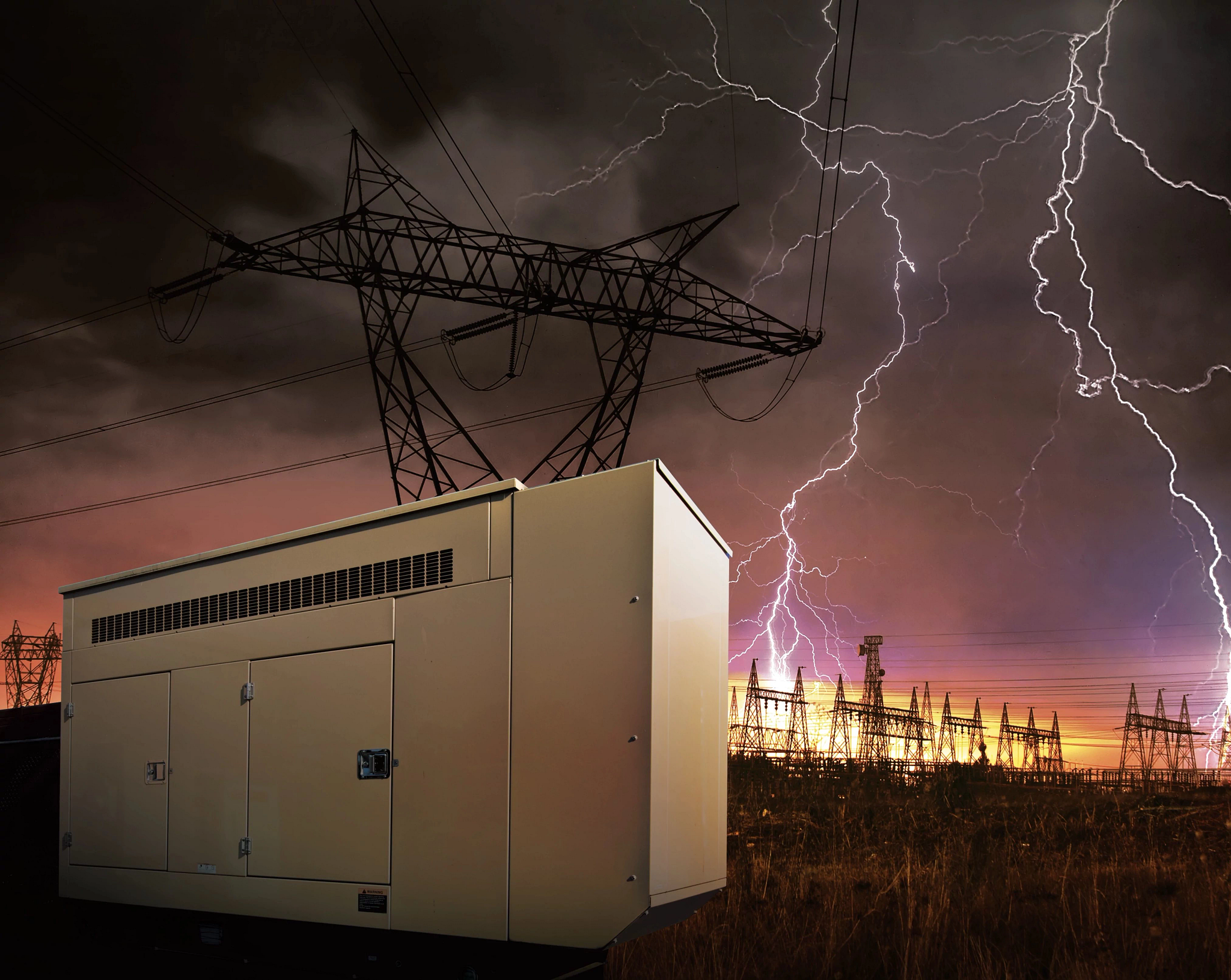 Lightning strikes behind a power line at dusk with a housed generator drive engine in the foreground
