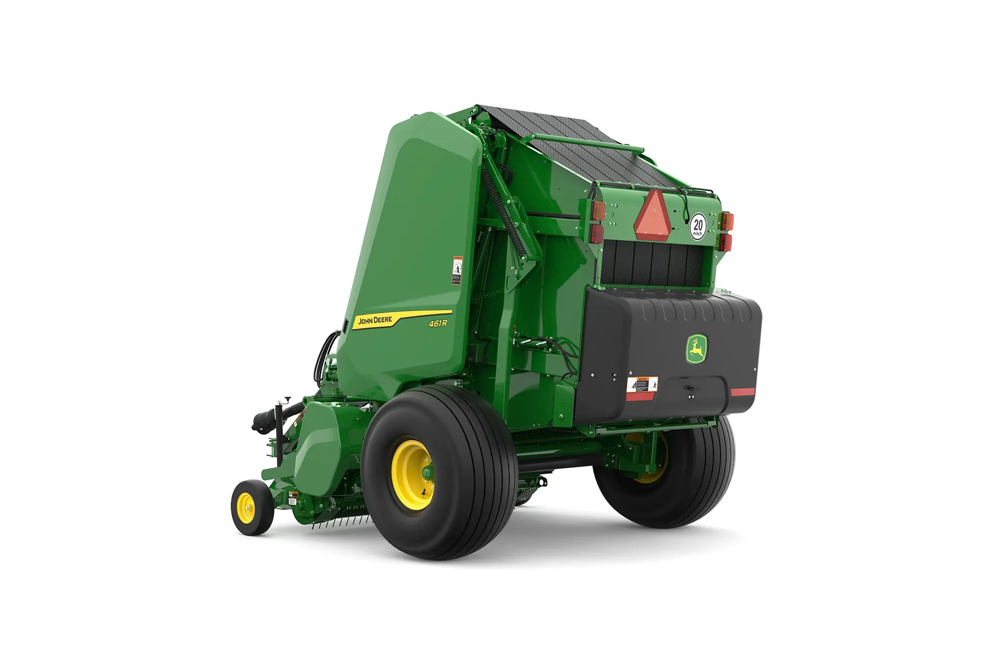 Studio rendering of 461R round baler shown from a rear three-quarter angle on a white background, featuring a green body, yellow wheels, rear compartment with John Deere logo, bale chamber, and enclosed pickup assembly