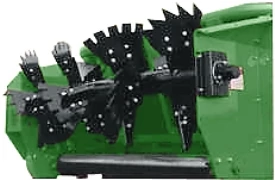 Studio close-up of a green chain-unloading spreader's black beater auger