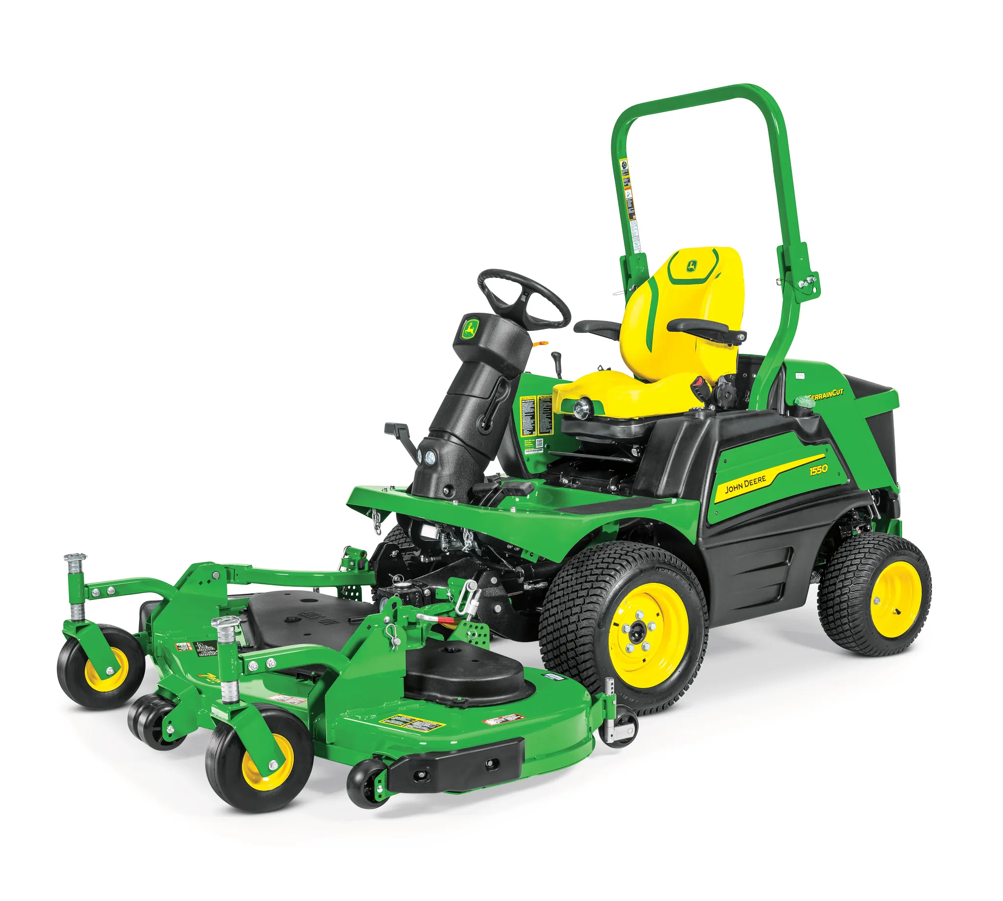 Front left studio view of a green, black, and yellow 1550 TerrainCutâ„¢ Front Mower