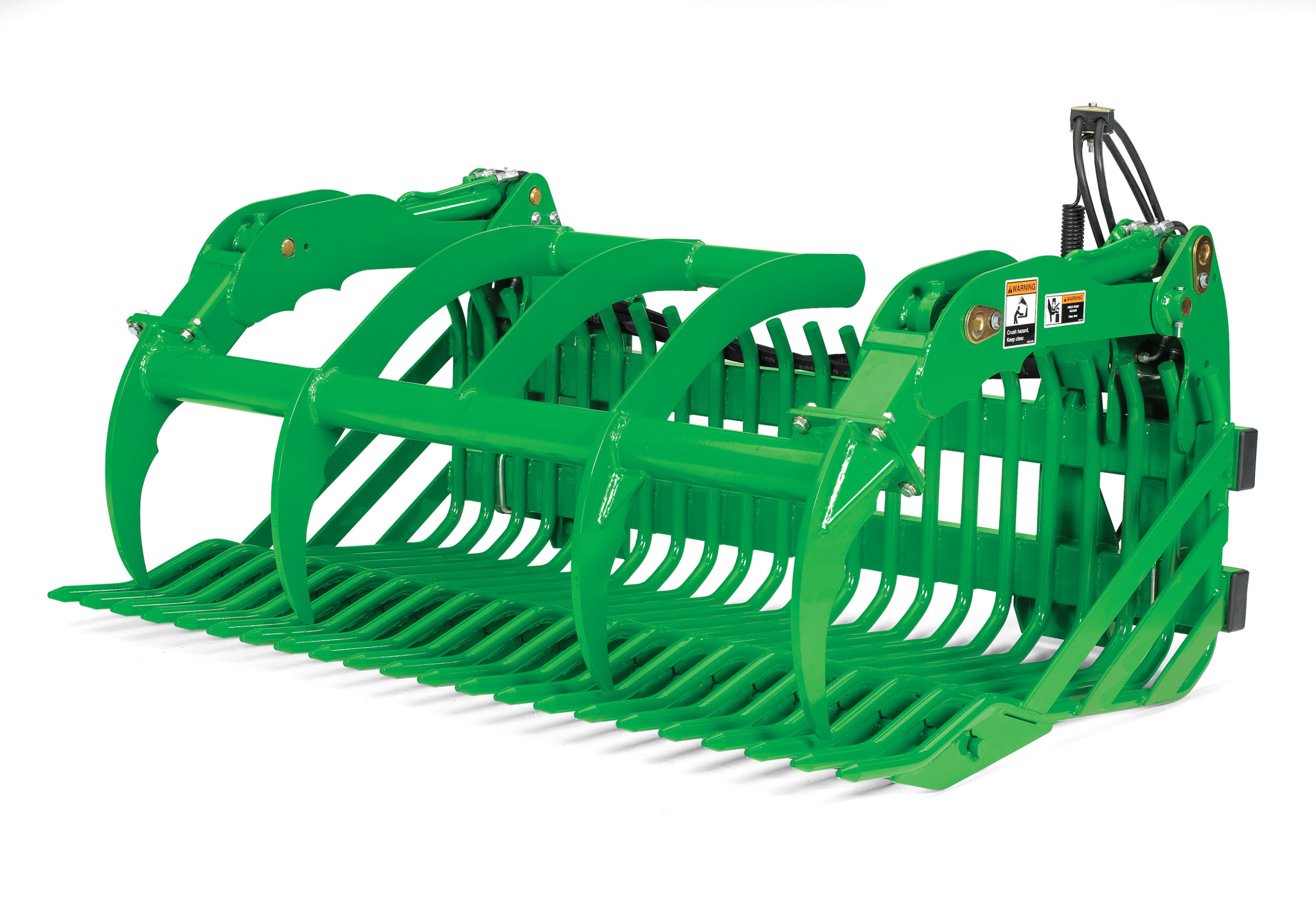 Front‑mounted green grapple bucket attachment with curved upper tines and a slotted lower bucket, shown against a white background