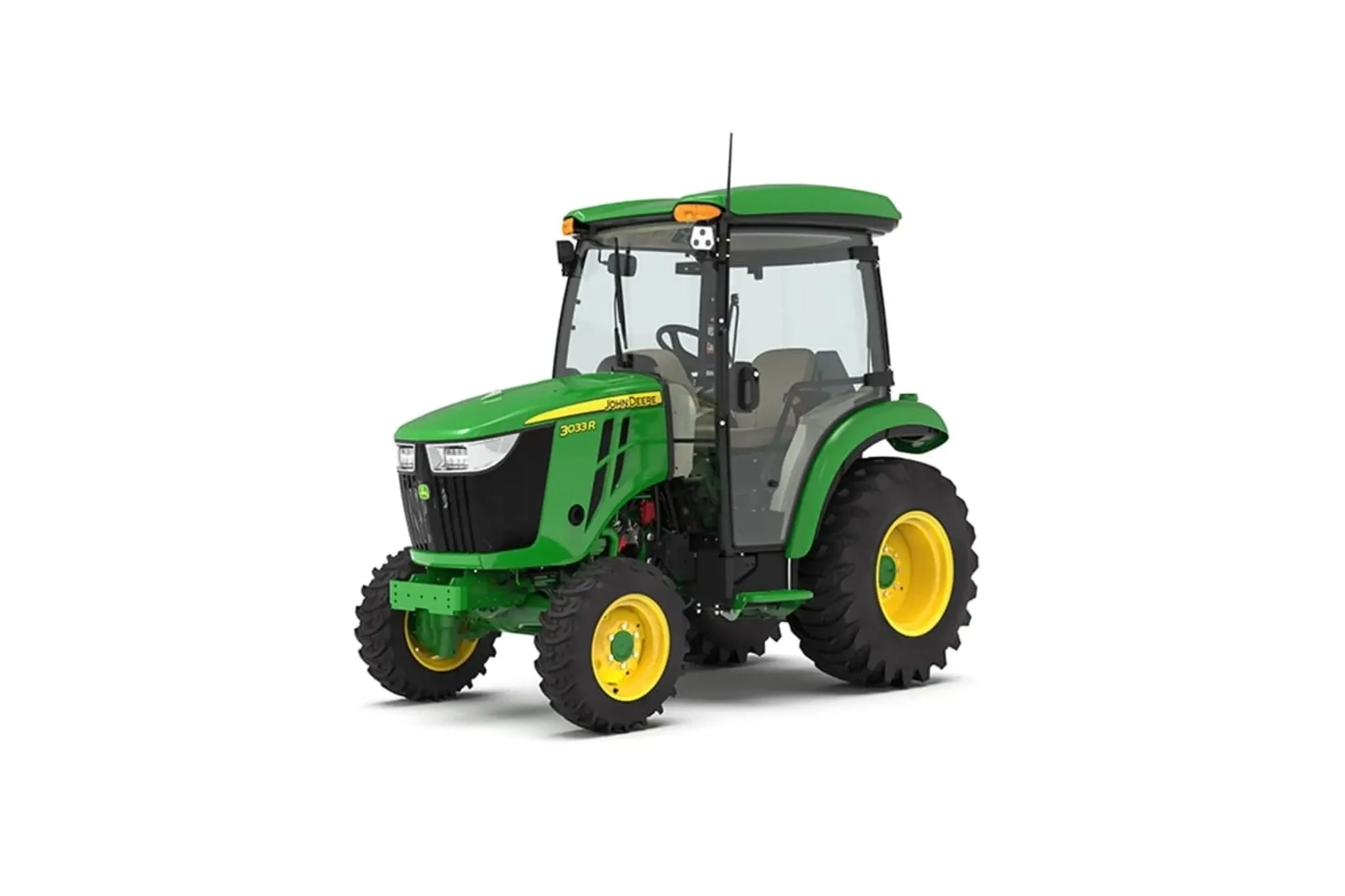 Front left studio view of 3033R Compact Tractor with cab
