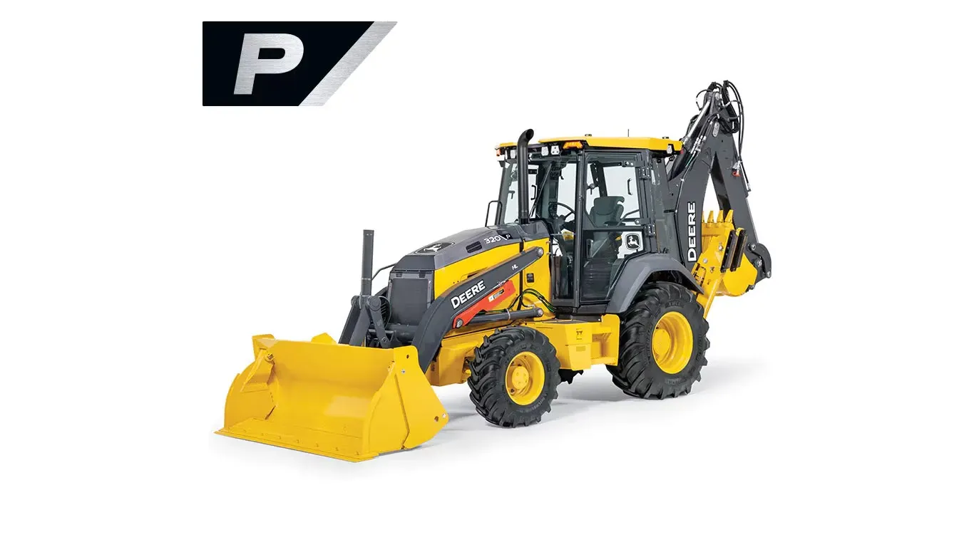 Front left studio view of 320 P-Tier Backhoe Loader with stylized P in upper left
