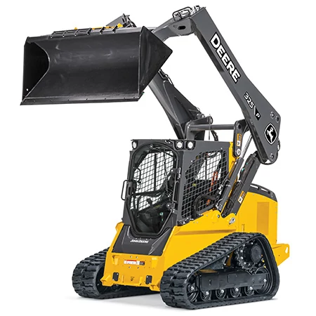 Studio front left view of a 325 P-Tier Skid Steer with fully extended bucket