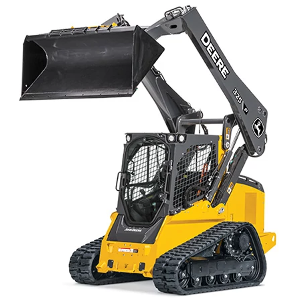 Studio front left view of a 325 P-Tier Skid Steer with fully extended bucket