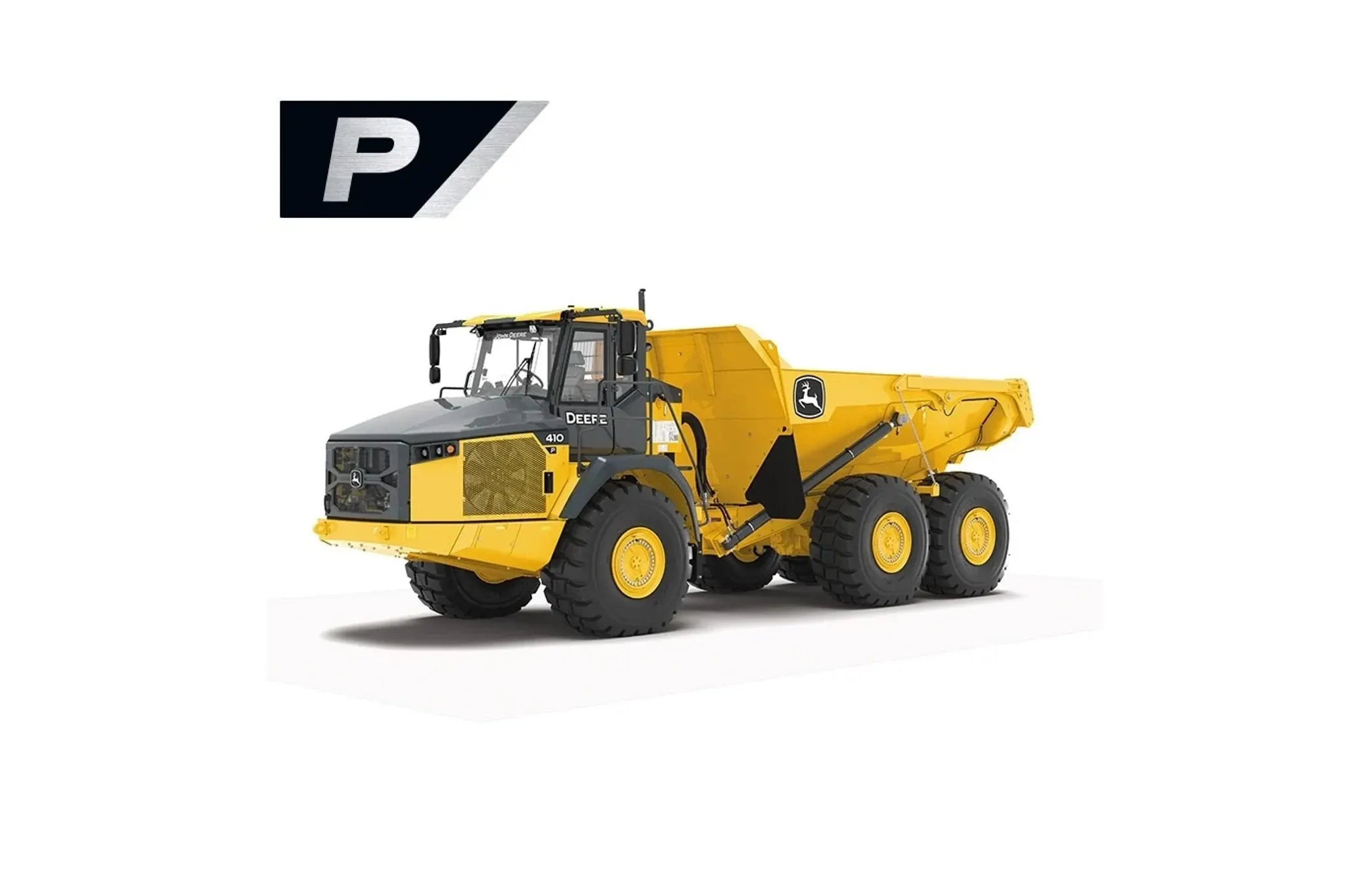 Studio image with a front left view of a 410 P-Tier Articulated Dump Truck