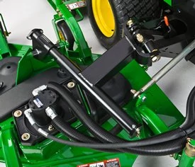 Top close-up of 1600 Turbo TerrainCut mower's deck and patented impact-absorbing system