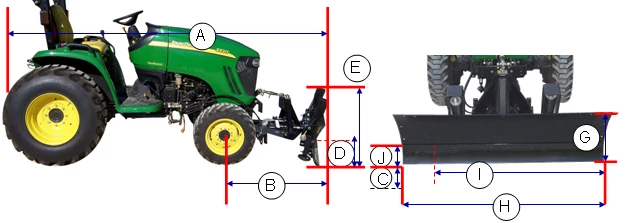 Computer graphic showing letter-labeled measurements of a 366 front blade and tractor combo