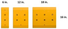 Computer-generated graphic of three rectangular orange blades with bolt holes in spaced intervals and 6, 12, 18, and 16-in. measurements labeled on two sides