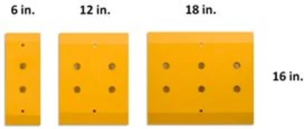 Computer-generated graphic of three rectangular orange blades with bolt holes in spaced intervals and 6, 12, 18, and 16-in. measurements labeled on two sides