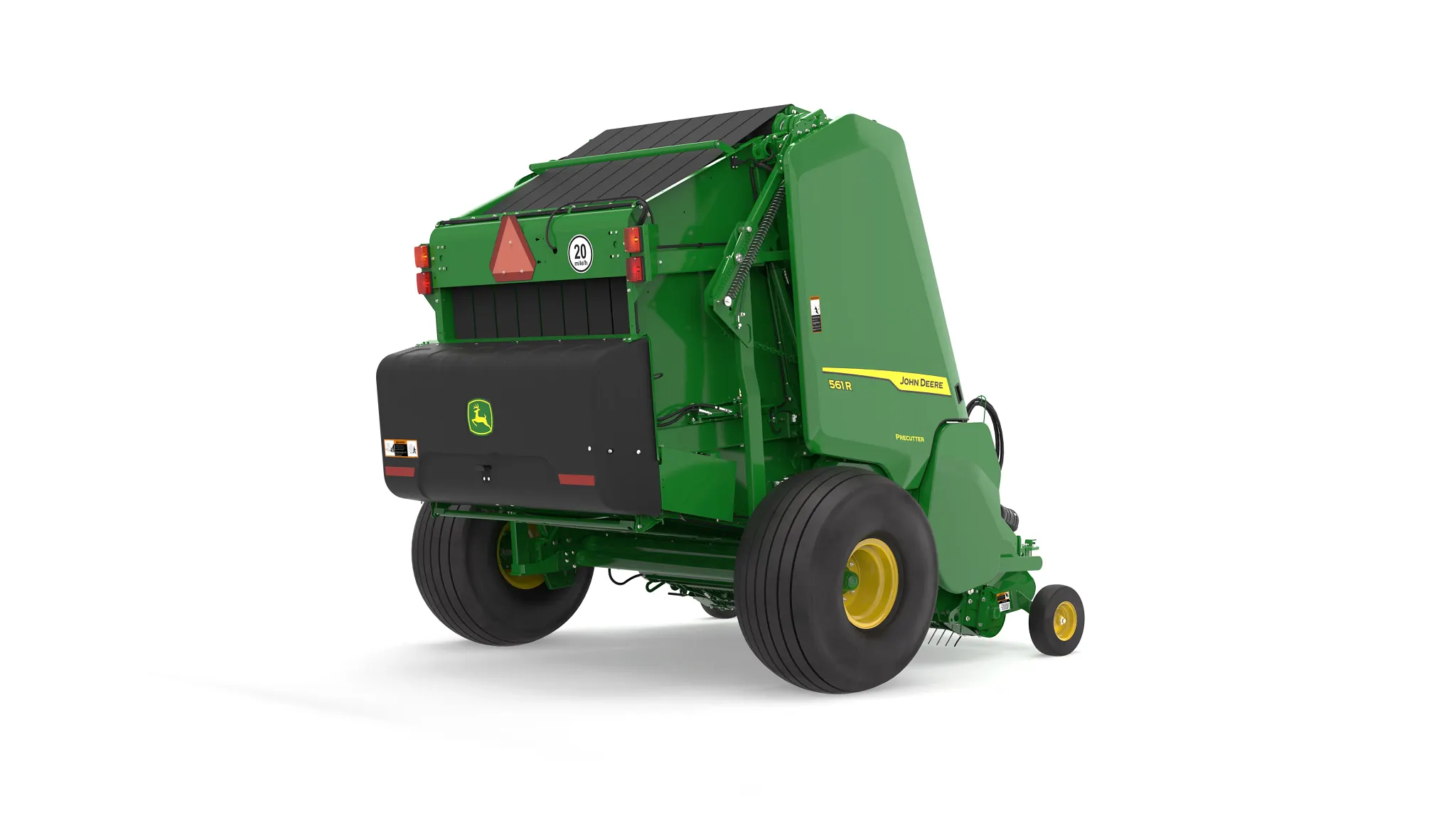 Rear three-quarter view of a John Deere 561R round baler with Precutter, featuring a green body, yellow wheels, rear safety markings, and black bale discharge panel on a white background