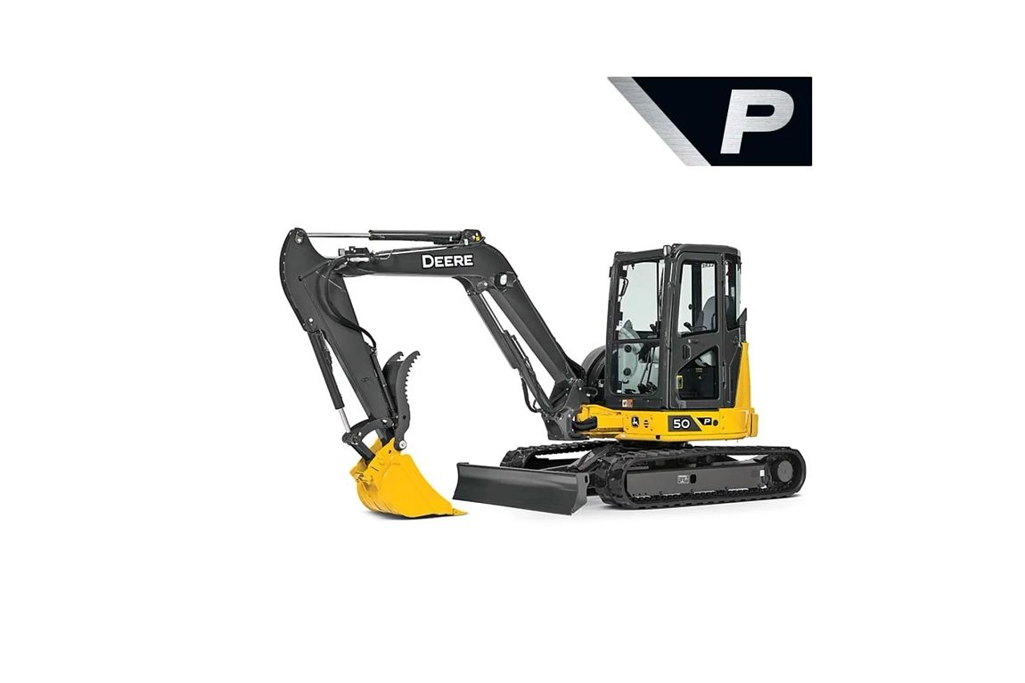 Studio image with a front left view of a 50 P-Tier Compact Excavator