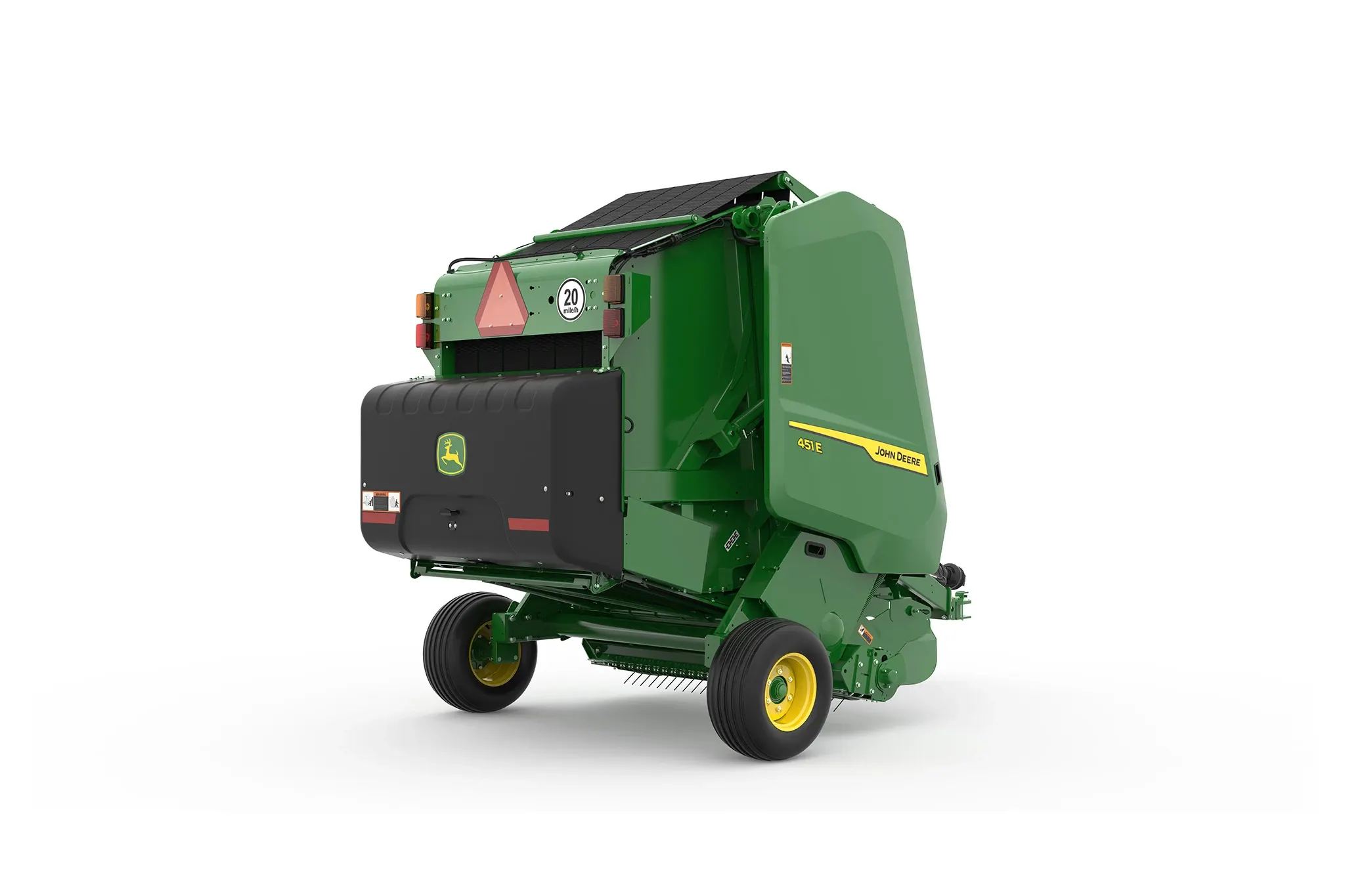 Rear-right close-up studio rendering of John Deere 451E Round Baler