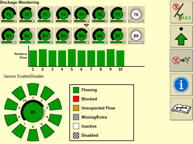 Display screen showing a blockage monitoring interface with circular row indicators, bar graphs of relative flow, a color‑coded sensor status legend, and navigation icons on the right side